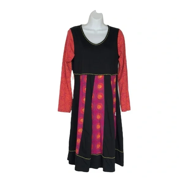 Adria Mode Bohemian Black Multicolour Organic Cotton Aline Short Dress Large - Picture 2 of 10